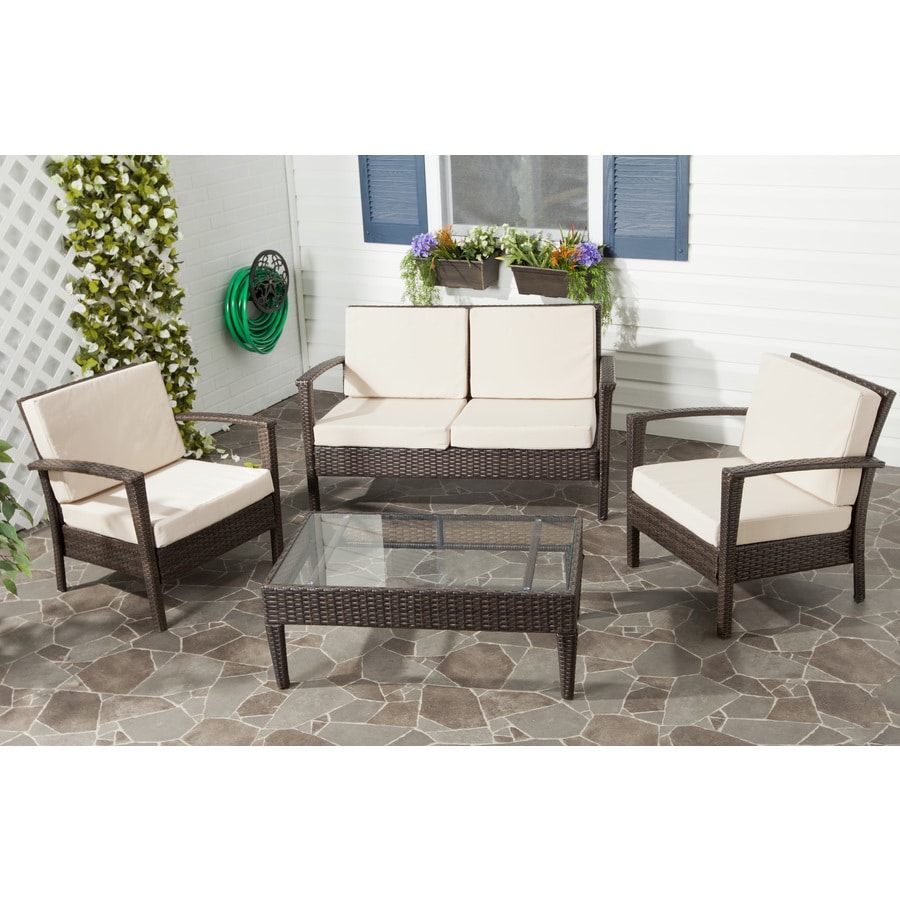 Safavieh Piscataway 4-Piece Wood Frame Patio Conversation Set with Cushions in the Patio 