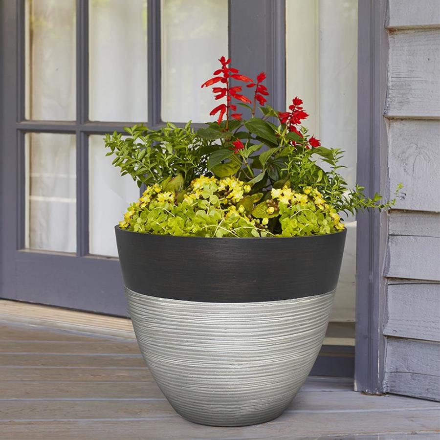 Garden Treasures 15-in W x 11.81-in H Gray and Black Resin Planter in ...