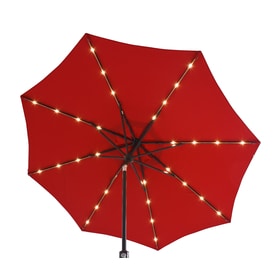 Simply Shade Red Market Pre-lit 9-ft Auto-tilt Round Patio Umbrella with Brown Aluminum Frame