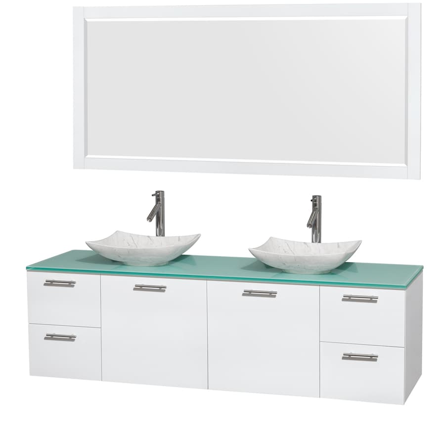 Wyndham Collection Amare 72-in Glossy White Double Sink Bathroom Vanity with Green Tempered Glass and Glass Top (Mirror Included)