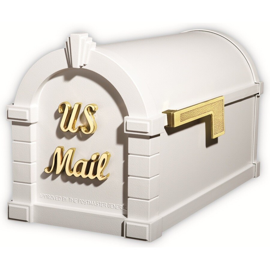 Gaines Manufacturing KS-1S Signature 10.5-in x 12.25-in Metal White with Polished Brass Accents Lockable Post Mount Mailbox with Post