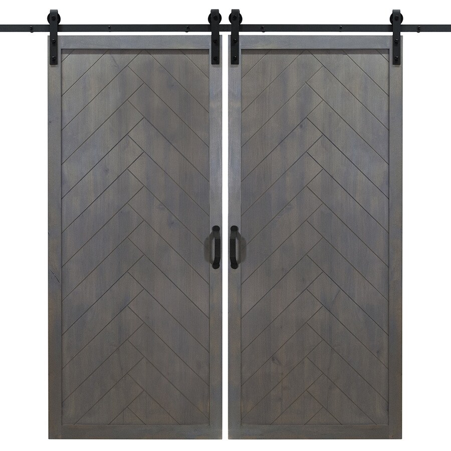 Dogberry Herringbone Ash Gray Stained 1Panel Wood Knotty Alder Barn Door Hardware Included