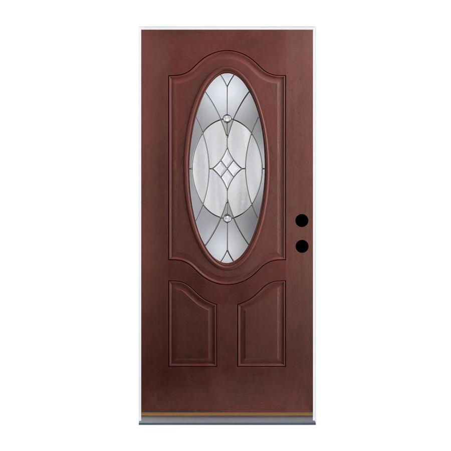 Therma-Tru Benchmark Doors Delano Oval Lite Decorative Glass Left-Hand Inswing Mahogany Stained Fiberglass Prehung Entry Door with Insulating Core (Common: 32-in x 80-in; Actual: 33.5-in x 81.5-in)