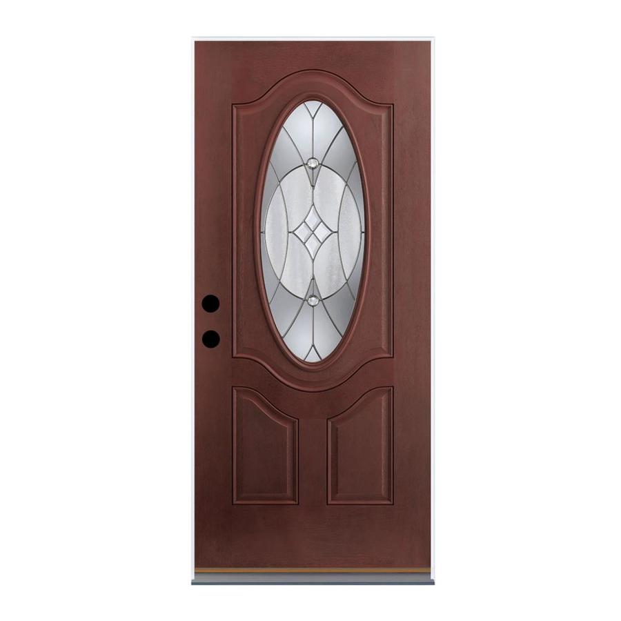 Therma-Tru Benchmark Doors Delano Oval Lite Decorative Glass Left-Hand Outswing Mahogany Stained Fiberglass Prehung Entry Door with Insulating Core (Common: 32-in x 80-in; Actual: 33.5-in x 80.5-in)