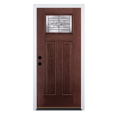 Wickerpark Craftsman Decorative Glass Right Hand Inswing Mahogany Stained Fiberglass Prehung Entry Door With Insulating Core Common 36 In X 80 In