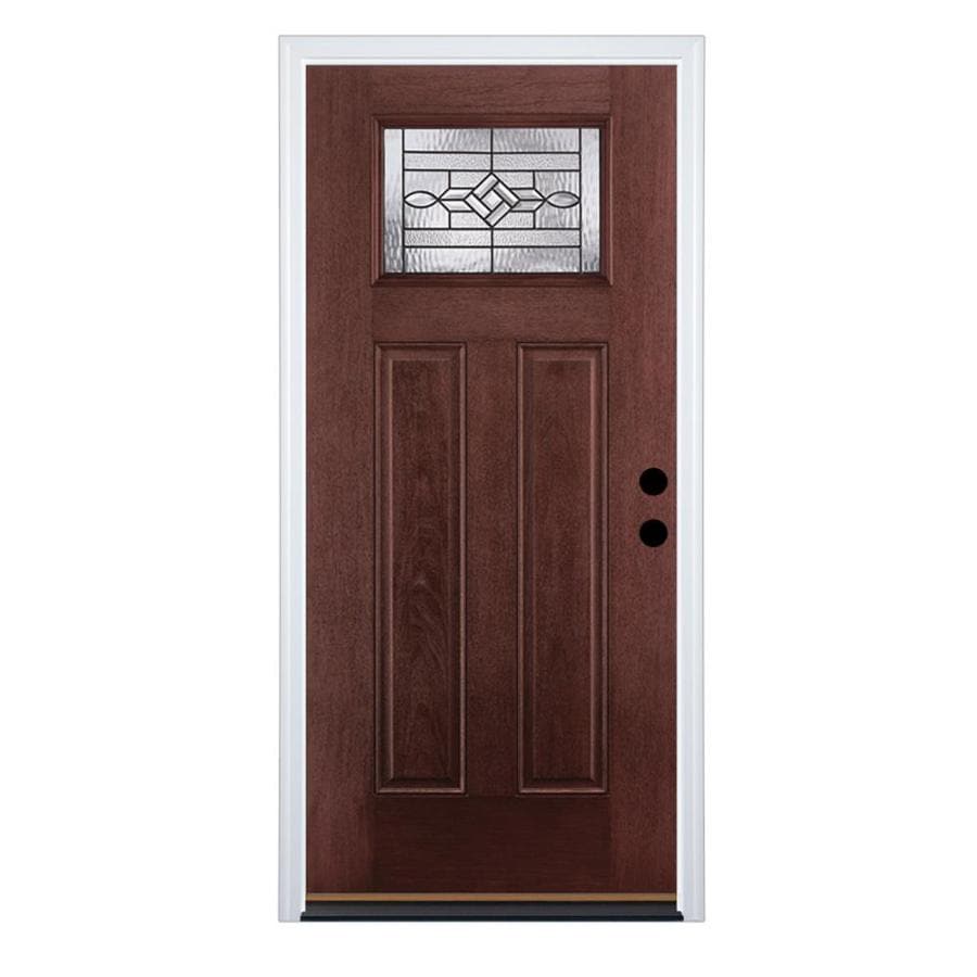 Craftsman Decorative Glass Left Hand Inswing Mahogany Stained Fiberglass Prehung Entry Door With Insulating Core Common 36 In X 80 In Actual