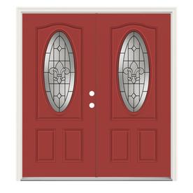 Red Entry Doors At Lowes Jeld Wen Nola Oval Lite Decorative Gl Left Hand Inswing Persimmon Painted Steel Prehung
