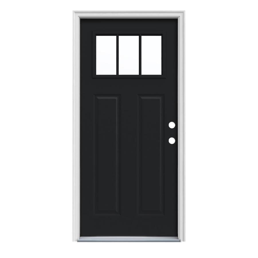 JELD-WEN Craftsman Simulated Divided Light Left-Hand Inswing Peppercorn Painted Steel Prehung Entry Door with Insulating Core (Common: 32-in x 80-in; Actual: 33.4375-in x 81.75-in)