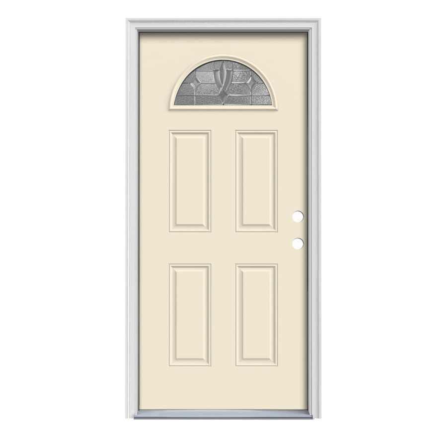 JELD-WEN Laurel 1/4 Lite Decorative Glass Left-Hand Inswing Bisque Painted Steel Prehung Entry Door with Insulating Core (Common: 36-in x 80-in; Actual: 37.4375-in x 81.75-in)