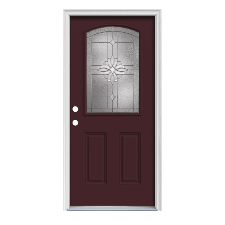 JELD-WEN Laurel 1/4 Lite Decorative Glass Right-Hand Inswing Currant Painted Steel Prehung Entry Door with Insulating Core (Common: 32-in x 80-in; Actual: 33.4375-in x 81.75-in)