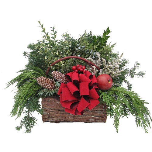 12-in Fresh Christmas Greenery Basket with Pinecones, Bow and Ornaments ...