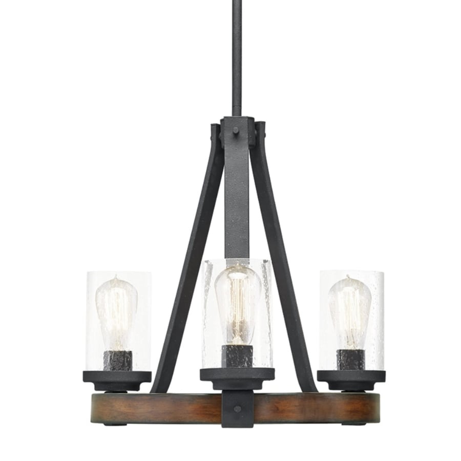 Barrington 3 Light Distressed Black And Wood Tone Rustic Clear Glass Candle Chandelier