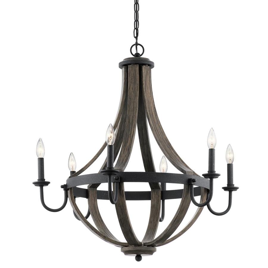 Merlot 6 Light Distressed Black And Wood Farmhouse Candle Chandelier