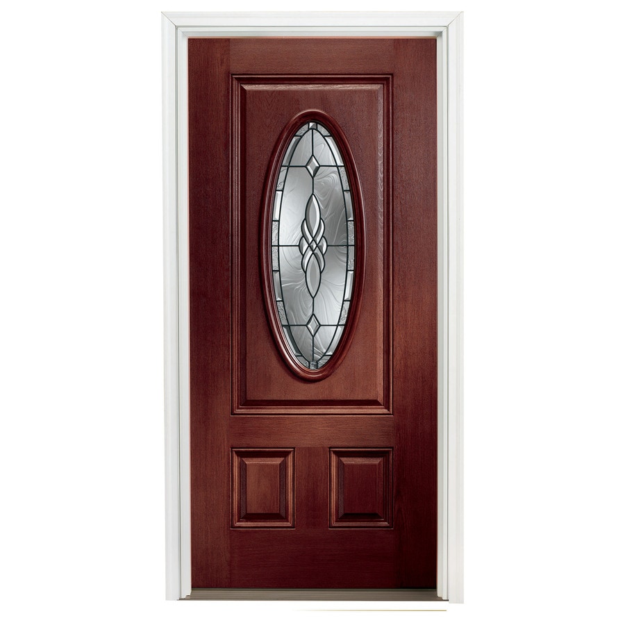 Pella 371/2" Oval Lite Decorative Red Mahogany Stain Entry Door at