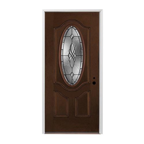 Pella Oval Lite LeftHand Inswing Prestained Dark Mahogany Stained Fiberglass Prehung Entry Door