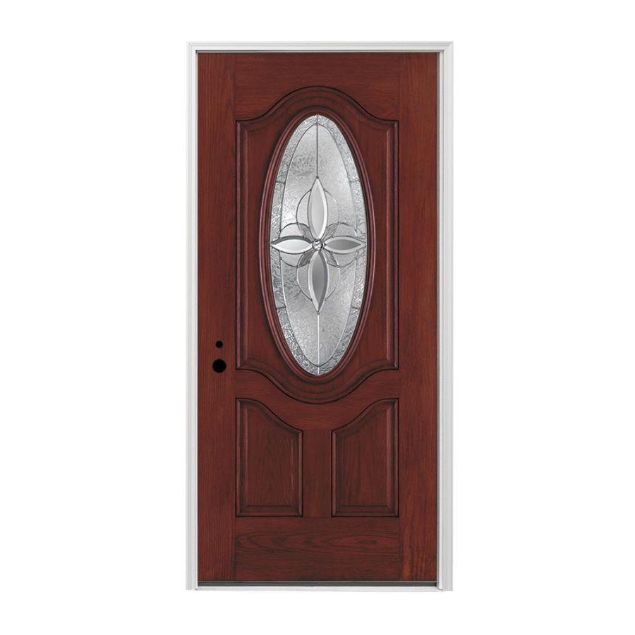 Pella Oval Lite Decorative Glass Right Hand Inswing Prestained Red Mahogany Stained Fiberglass