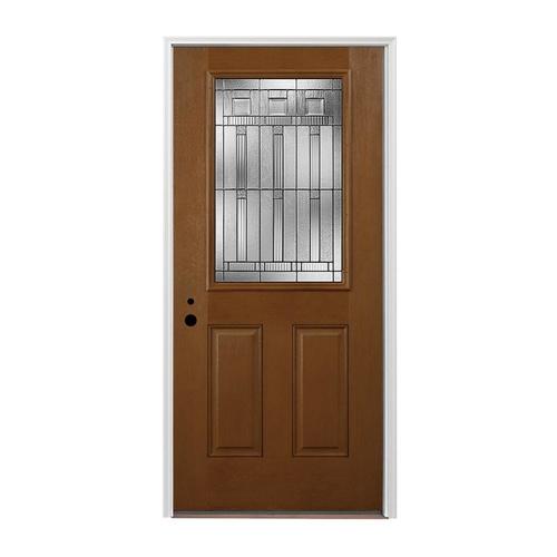 Pella Half Lite RightHand Inswing Prestained Special Walnut Stained Fiberglass Entry Door with