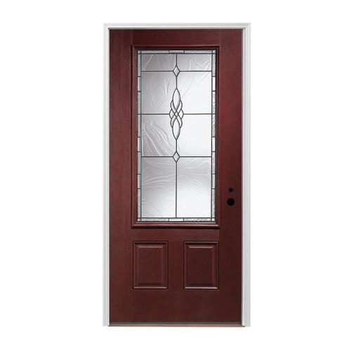 Pella 3/4 Lite Decorative Glass LeftHand Inswing Prestained Red Mahogany Stained Fiberglass