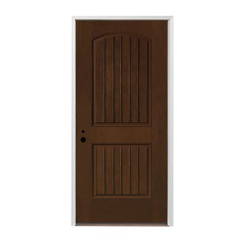 Pella RightHand Inswing Prestained Dark Mahogany Stained Fiberglass Prehung Entry Door with