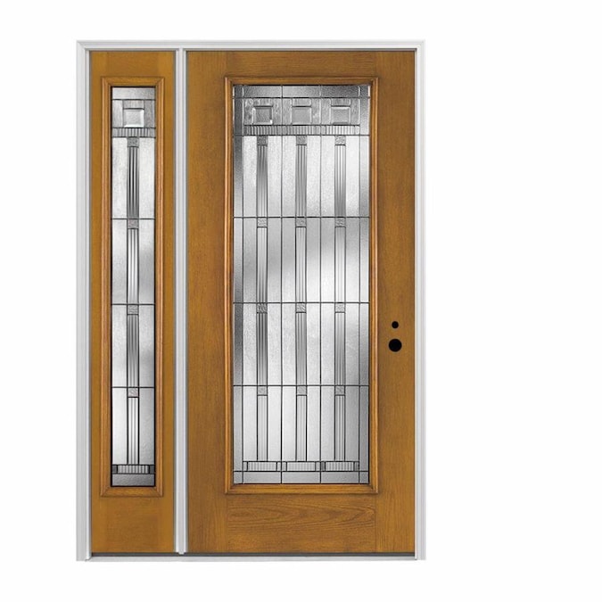 Pella Full Lite Decorative Glass LeftHand Inswing Stained Fiberglass Prehung Entry Door with