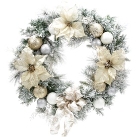 Artificial Christmas Wreaths At Lowes Holiday Living 30 In Pre Lit Battery Operated Gold Poinsettia Artificial Christmas Wreath