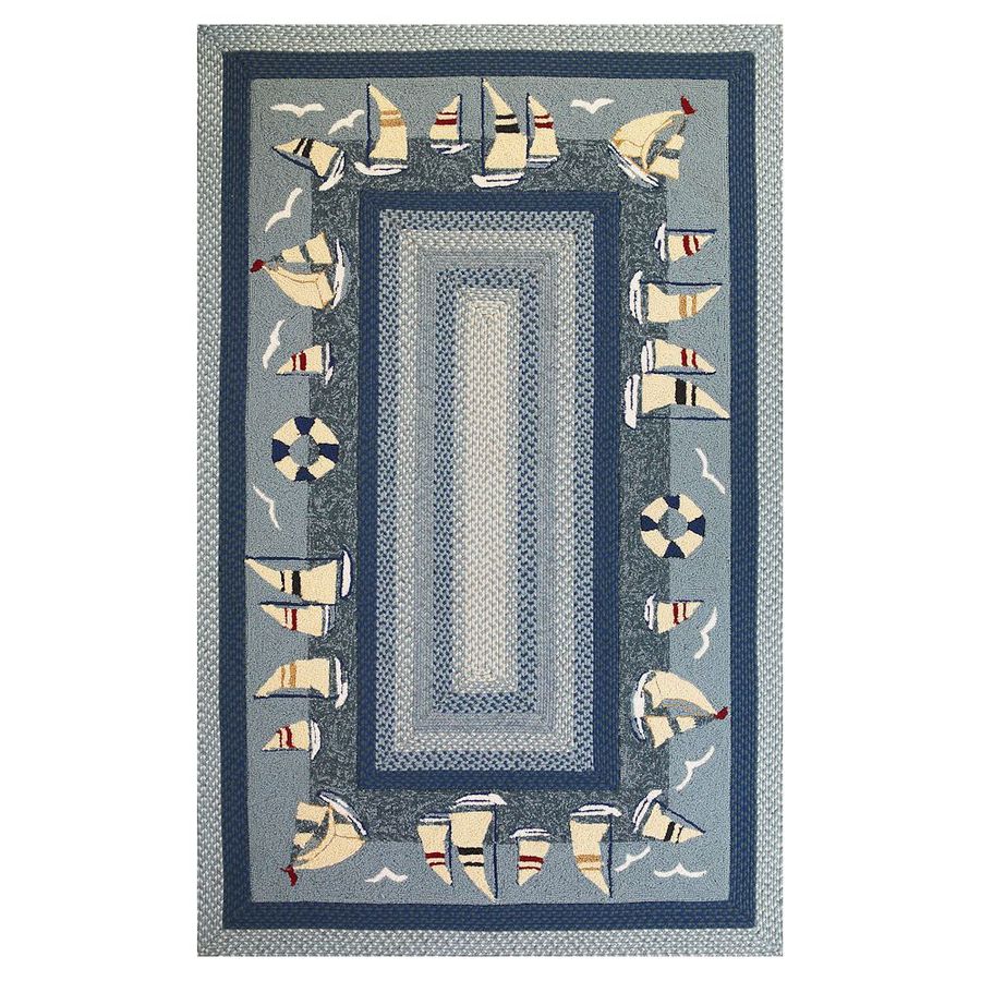 KAS Rugs Shabby Chic Rectangular Blue Border Hand-Hooked Accent