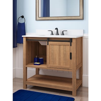 Style Selections 36 In Brown Undermount Single Sink Bathroom Vanity With White Engineered Stone Top In The Bathroom Vanities With Tops Department At Lowes Com