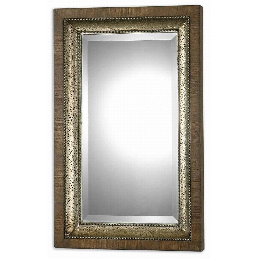 Global Direct 07619 23-in x 37-in Lightly Stained Hammered Aluminum Inner Panel with Delicate Rope Details and An Outer Frame Constructed Of Zebra Wood Veneer Rectangle Framed Mirror