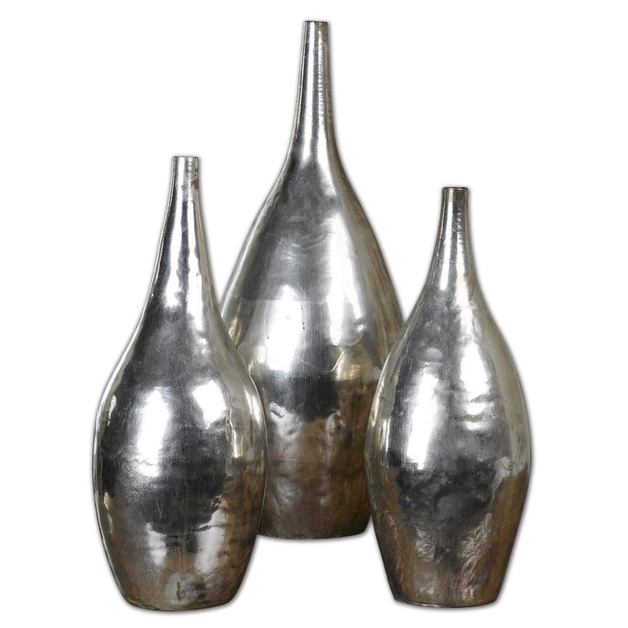 Global Direct Set Of 3 Silver Metal Tabletop Decorative Vases At