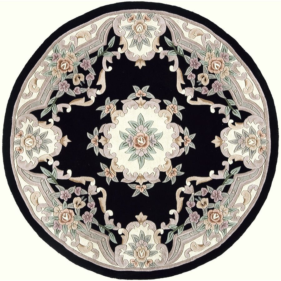 Rugs America New Aubusson Wool Black Round Floral Area Rug in the Rugs ...