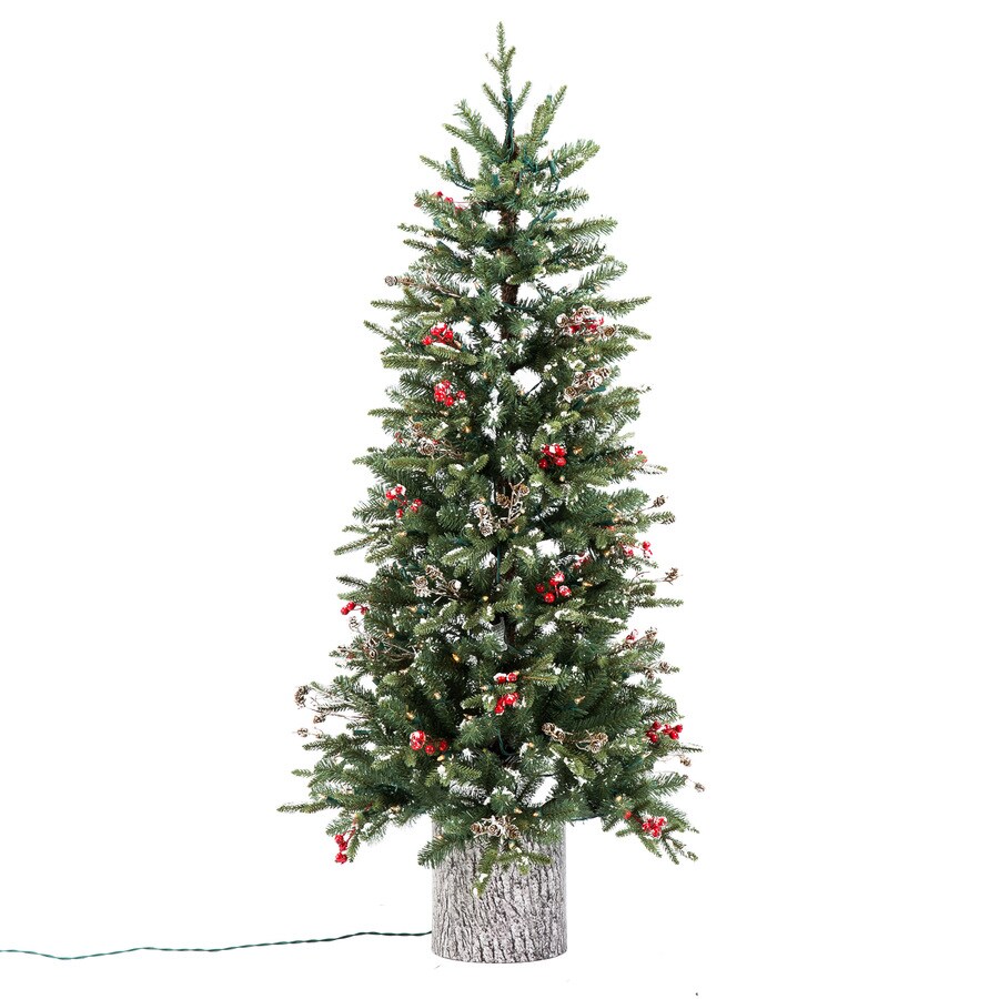 GE 4.5-ft Frasier Fir Pre-Lit Potted Slim Flocked Artificial Christmas ...