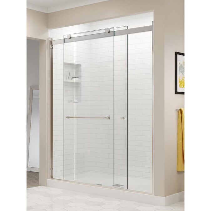 Basco Rotolo 70 In H X 44 In To 48 In W Semi Frameless Bypass Sliding Brushed Nickel Shower Door Clear Glass In The Shower Doors Department At Lowes Com