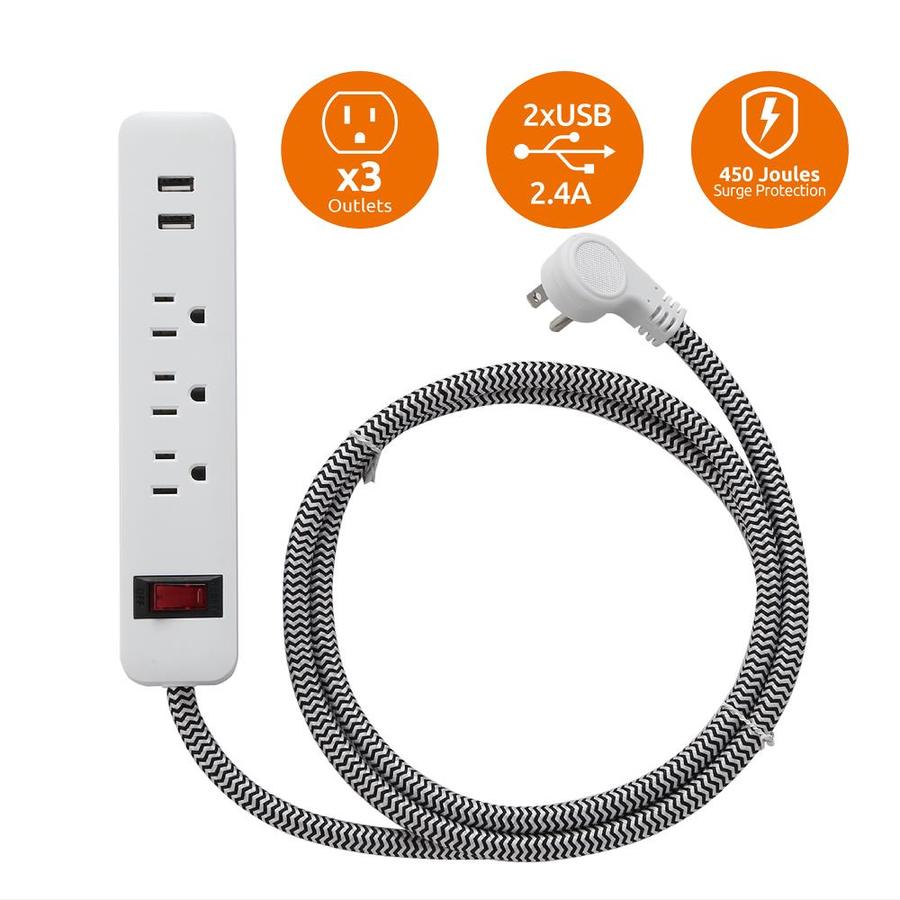 LINK2HOME 3-Outlet 2-USB Ports White Power Strip