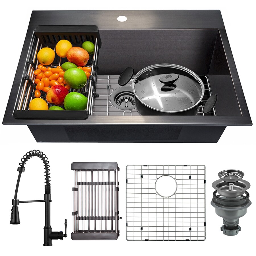 AKDY DropIn 25in x 22in Matte Black Single Bowl 1Hole Kitchen Sink