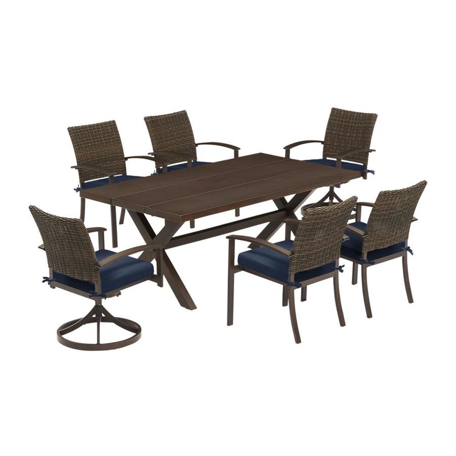 Atworth 7 Piece Brown Metal Frame Patio Set With Navy Cushions At