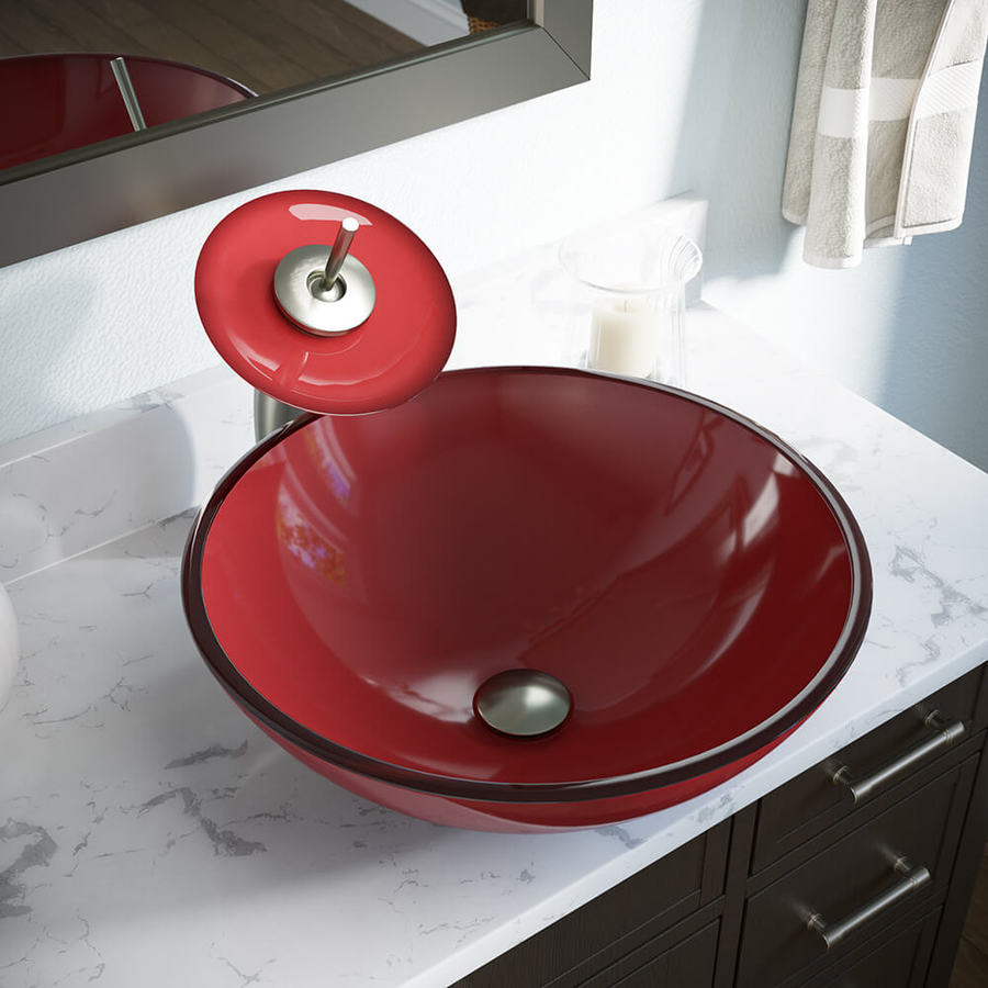 Mr Direct Red Tempered Glass Vessel Round Bathroom Sink With Faucet 