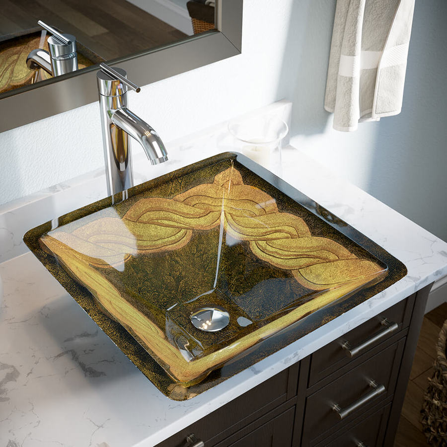 Mr Direct Gold Green Tempered Glass Vessel Square Bathroom Sink