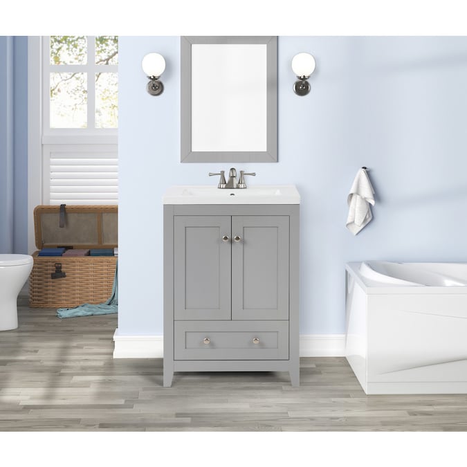 Style Selections Perryton 24 In Gray Single Sink Bathroom Vanity With White Porcelain Top In The Bathroom Vanities With Tops Department At Lowes Com