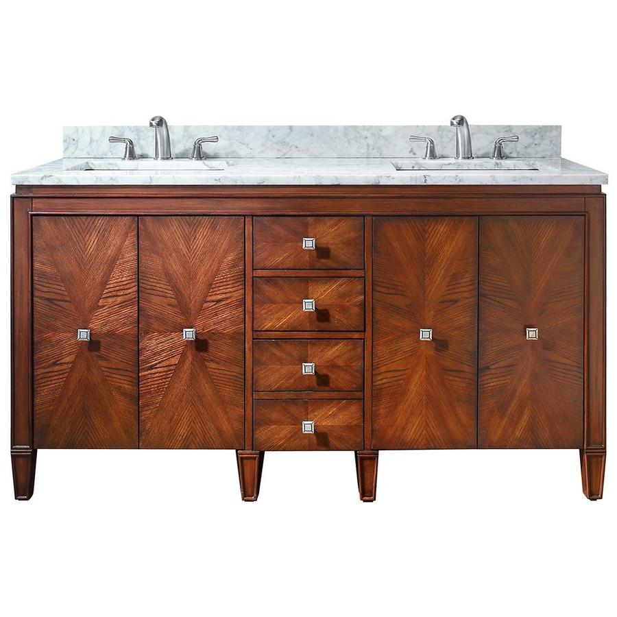 Avanity Brentwood 61in New Walnut Double Sink Bathroom Vanity with White Natural Marble Top at