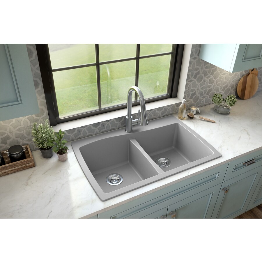 Karran 34in x 22in Grey DoubleBasin Dropin 1Hole Residential Kitchen Sink at