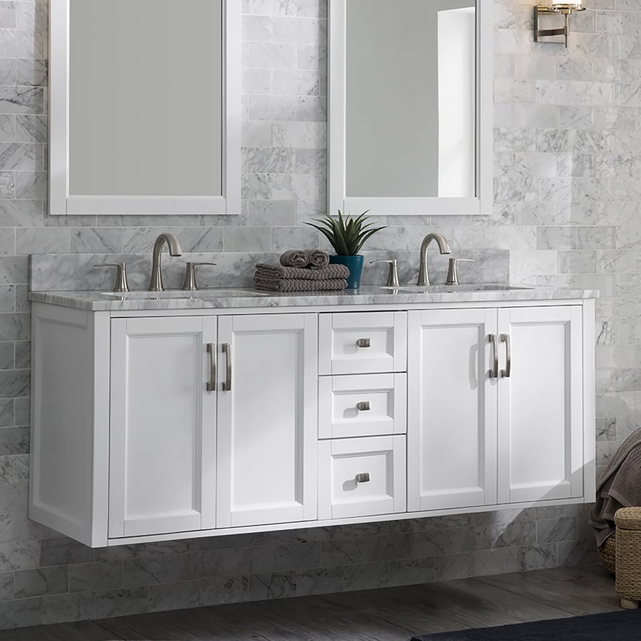 Allen Roth Floating 60 In White Undermount Double Sink Bathroom Vanity With Natural Carrara Marble Top In The Bathroom Vanities With Tops Department At Lowes Com