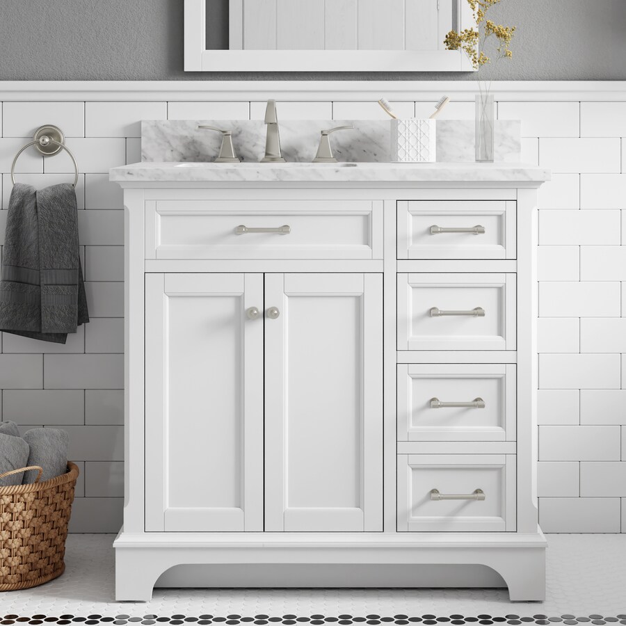 Stufurhome 36 In White Single Sink Bathroom Vanity With Carrara White Natural Marble Top In The Bathroom Vanities With Tops Department At Lowes Com