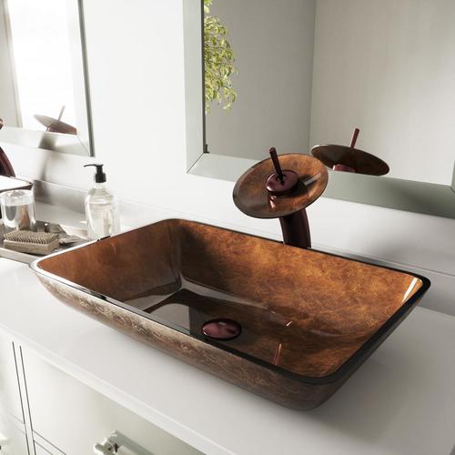 VIGO Russet Rich Chocolate Brown Glass Vessel Rectangular Bathroom Sink (14.5in x 22.5in) in
