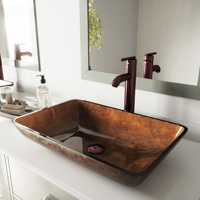 Russet Tempered Glass Vessel Rectangular Bathroom Sink With Faucet Drain Included