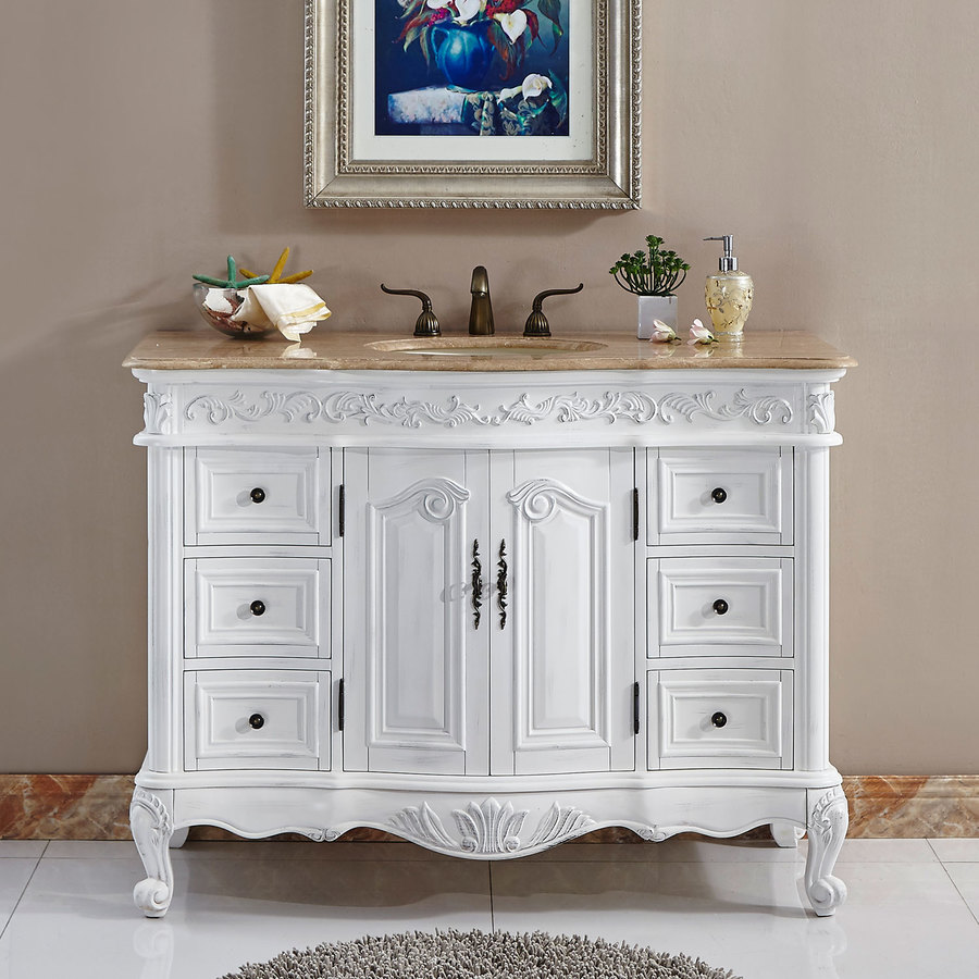 Silkroad Exclusive 48 In Antique White Undermount Single Sink Bathroom Vanity With Travertine Travertine Top In The Bathroom Vanities With Tops Department At Lowes Com