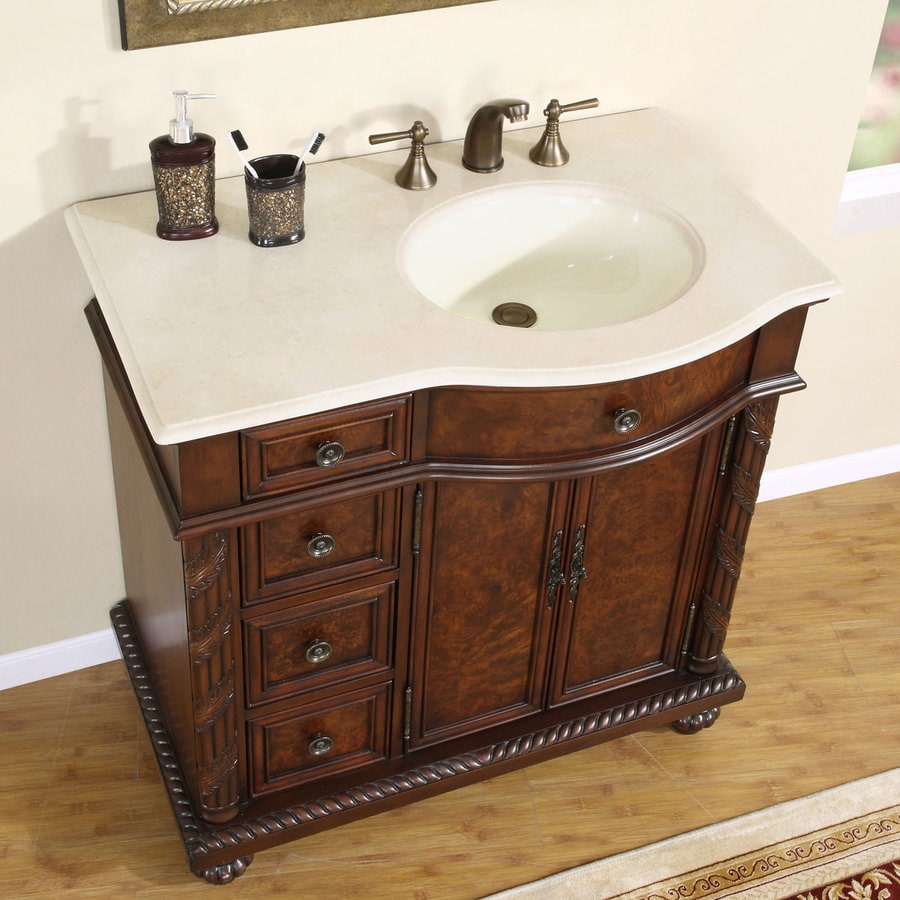 Silkroad Exclusive 36 In English Chestnut Single Sink Bathroom Vanity With Crema Marfil Natural 8174