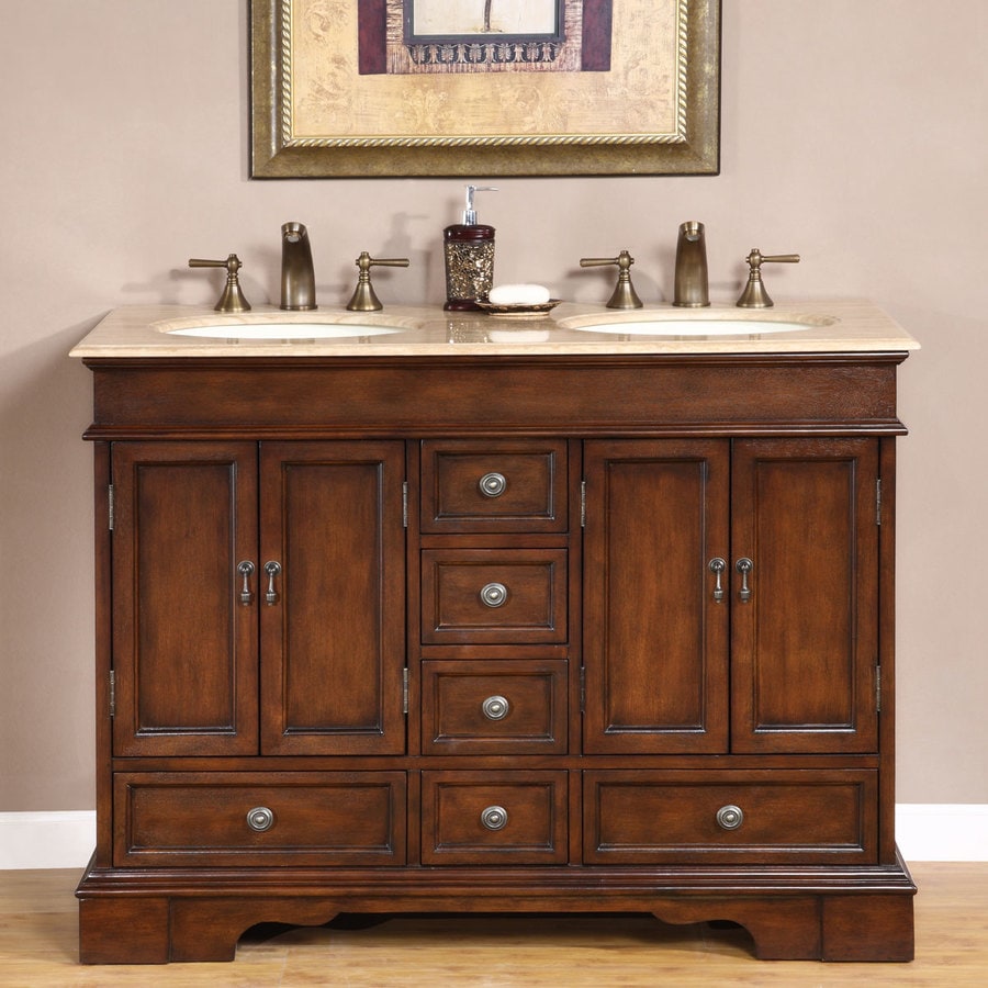 Silkroad Exclusive 48-in Red Chestnut Double Sink Bathroom Vanity with Travertine Travertine Top ...