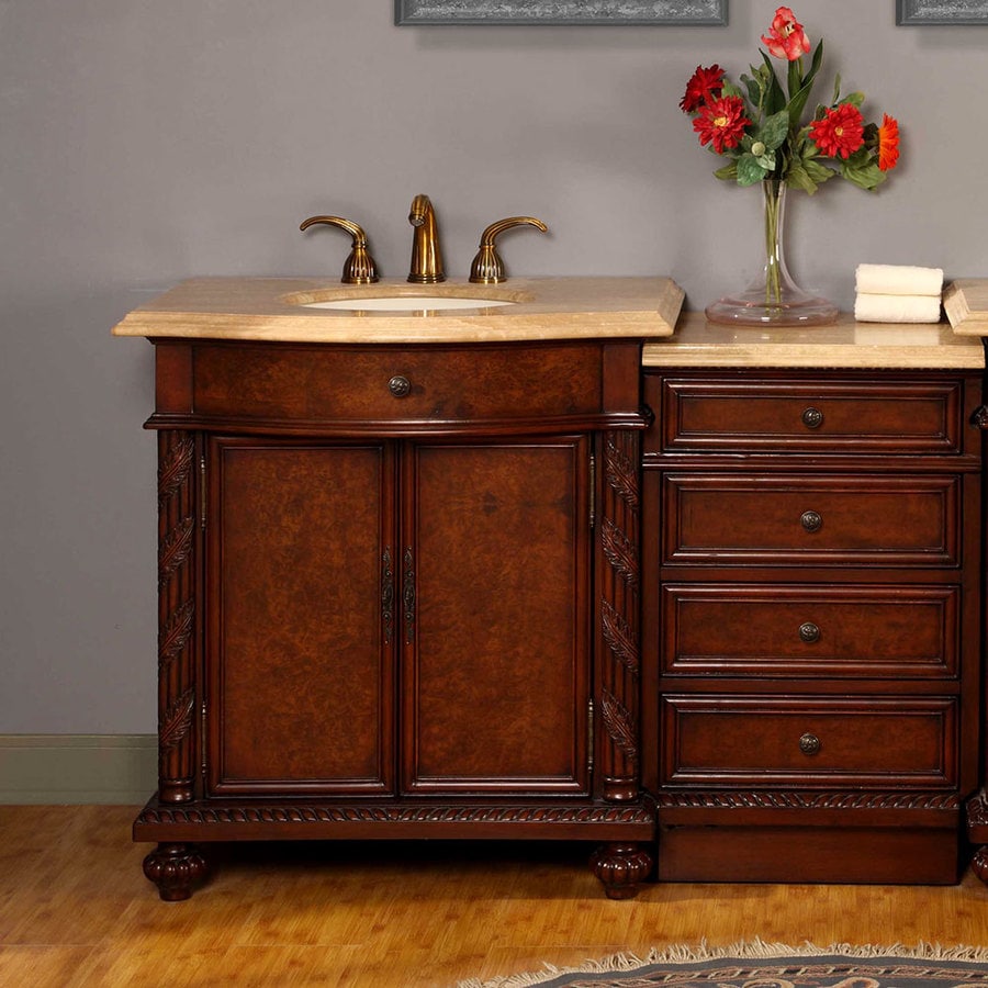 Silkroad Exclusive 52-in Red Mahogany Single Sink Bathroom Vanity with Travertine Top at Lowes.com