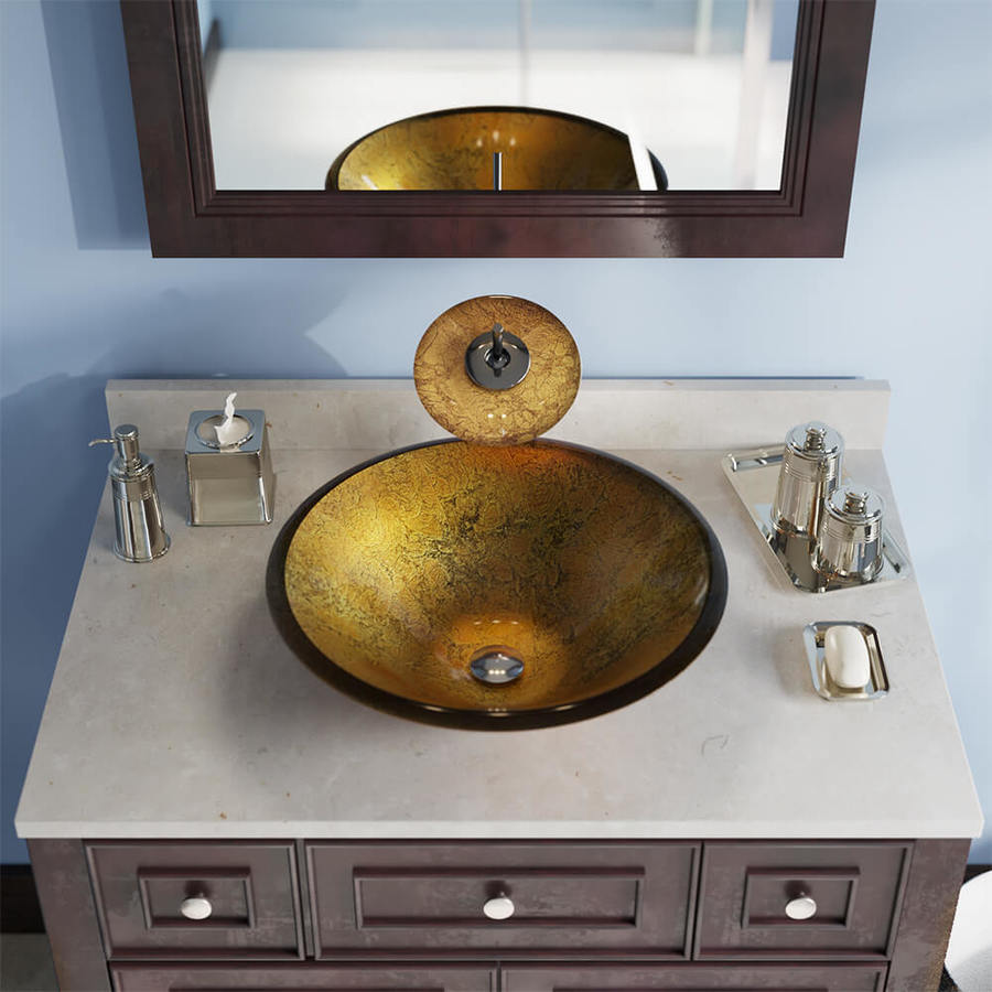 MR Direct Gold, Bronze Tempered Glass Vessel Round Bathroom Sink at