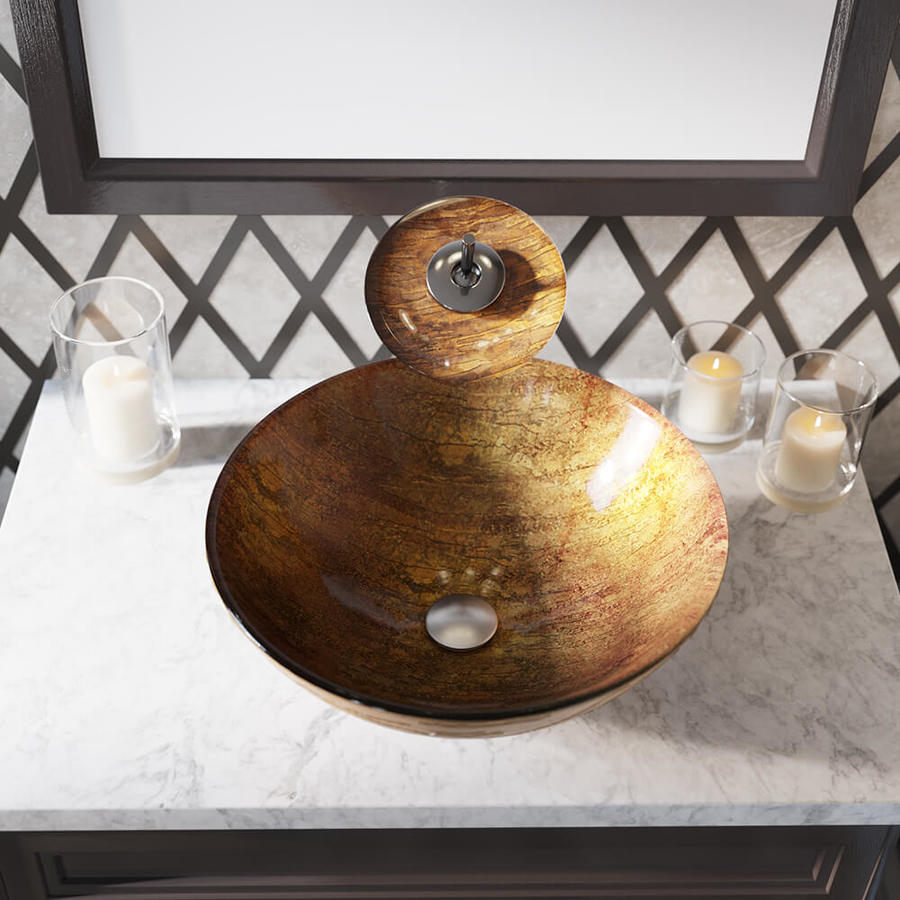 MR Direct Gold, Bronze Tempered Glass Vessel Round Bathroom Sink at